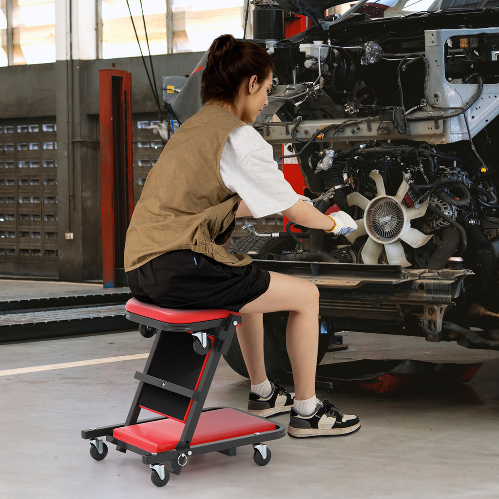 2-in-1 Folding Low Profile Mechanic Creeper with Padded Seat and 6