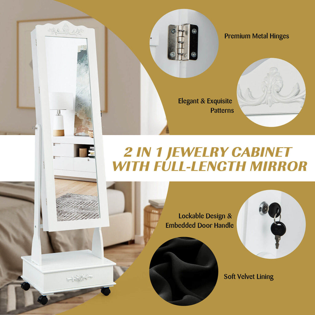 Rolling Mirrored Jewelry Armoire with Lock & LED Lights - White