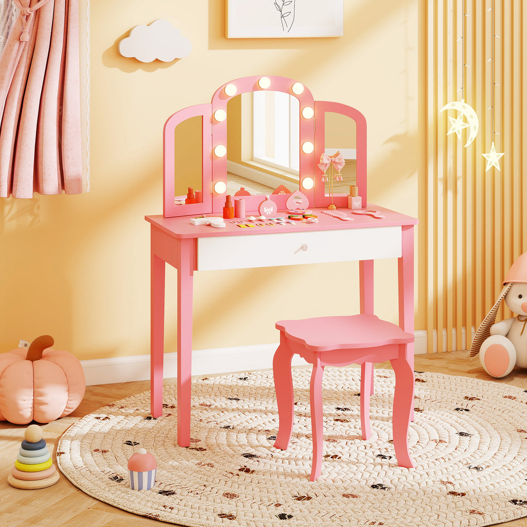 Pink 2-in-1 Kids Vanity Table Set with Detachable Tri-Fold Mirror & Lights
