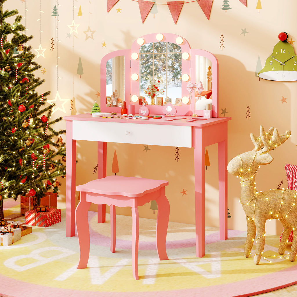 Pink 2-in-1 Kids Vanity Table Set with Detachable Tri-Fold Mirror & Lights