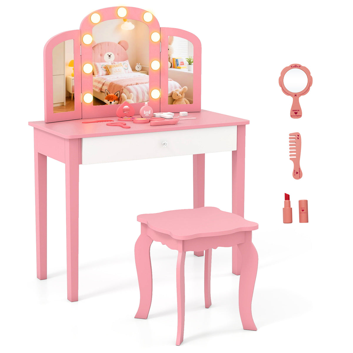 Pink 2-in-1 Kids Vanity Table Set with Detachable Tri-Fold Mirror & Lights