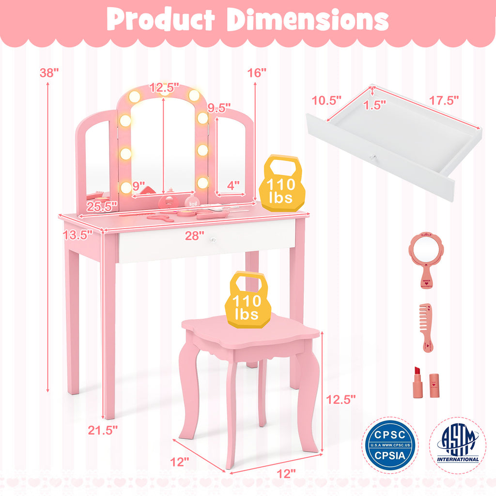 Pink 2-in-1 Kids Vanity Table Set with Detachable Tri-Fold Mirror & Lights