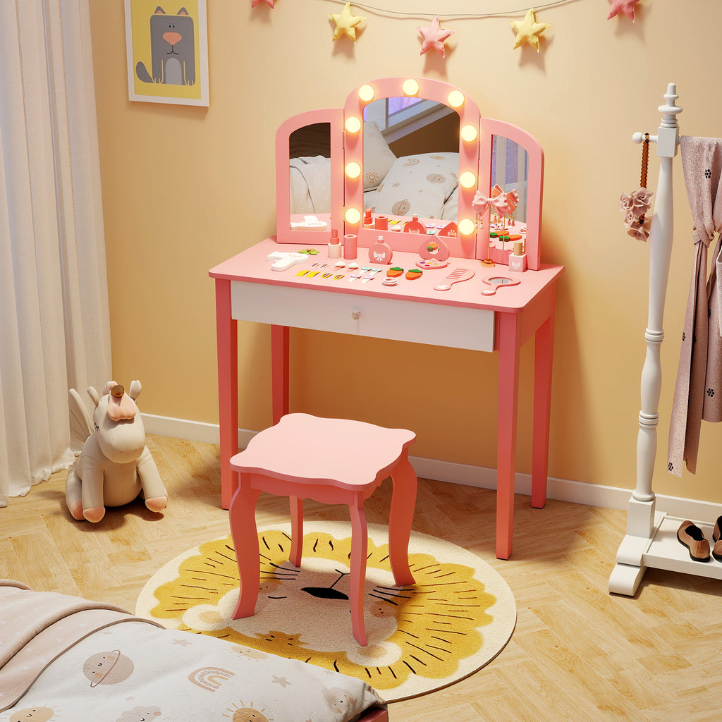 Pink 2-in-1 Kids Vanity Table Set with Detachable Tri-Fold Mirror & Lights