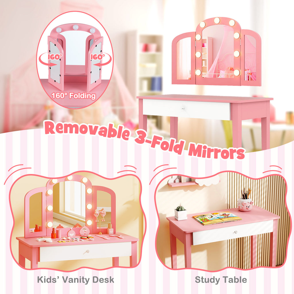 Pink 2-in-1 Kids Vanity Table Set with Detachable Tri-Fold Mirror & Lights