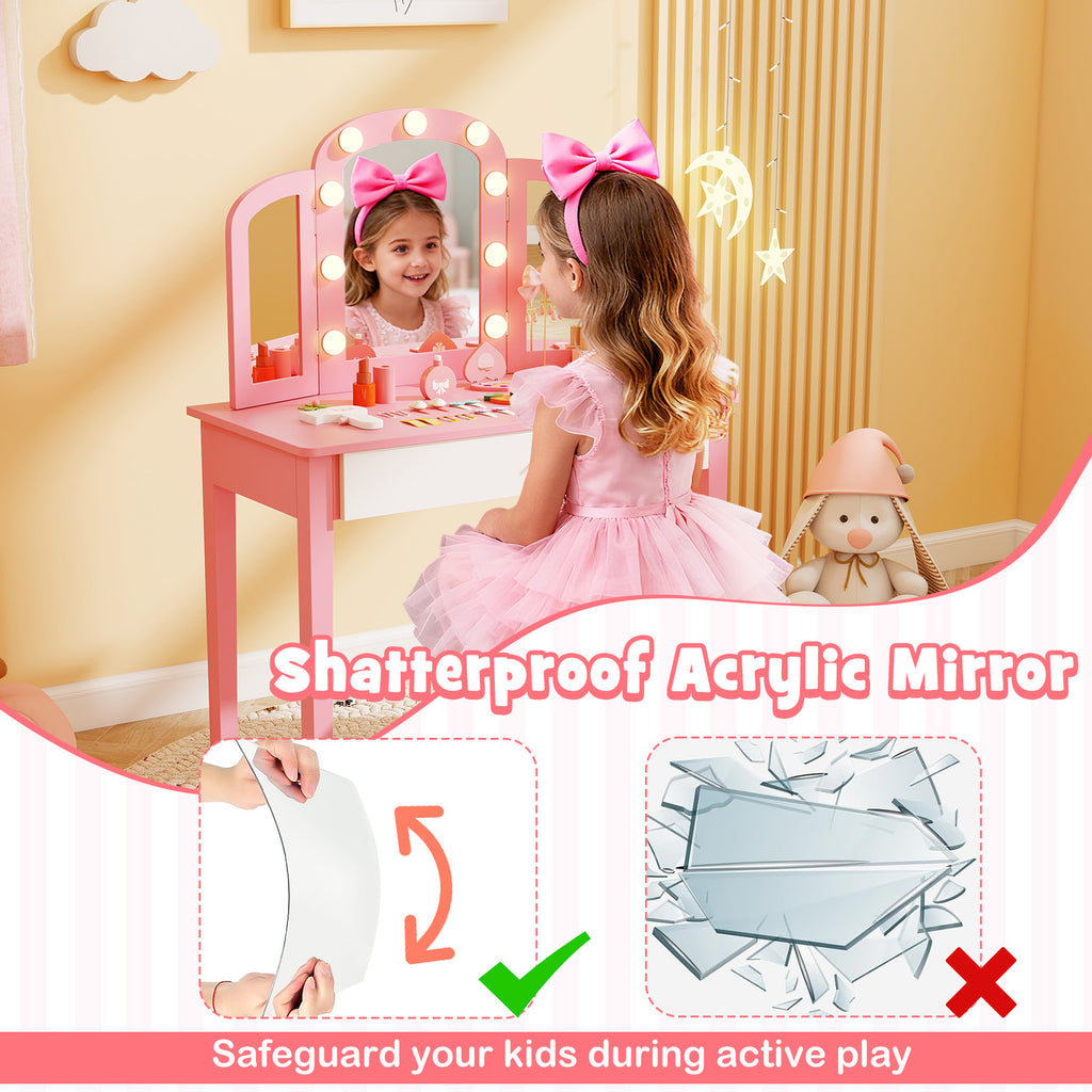 Pink 2-in-1 Kids Vanity Table Set with Detachable Tri-Fold Mirror & Lights