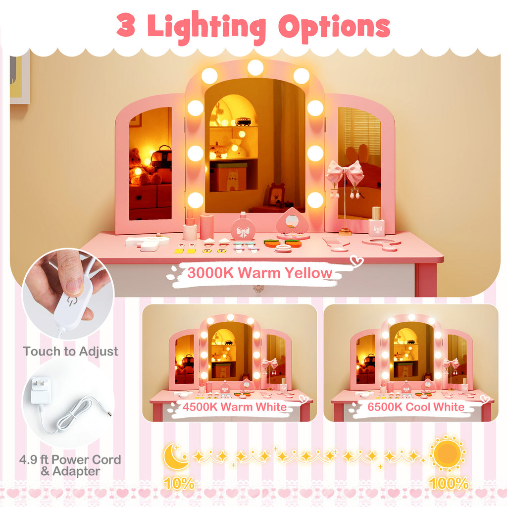 Pink 2-in-1 Kids Vanity Table Set with Detachable Tri-Fold Mirror & Lights
