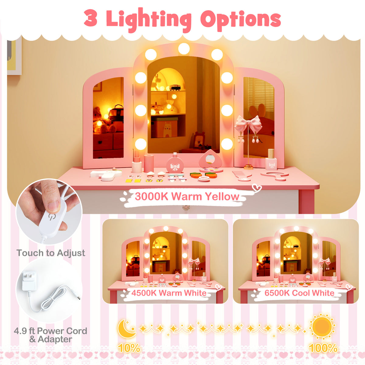 Pink 2-in-1 Kids Vanity Table Set with Detachable Tri-Fold Mirror & Lights