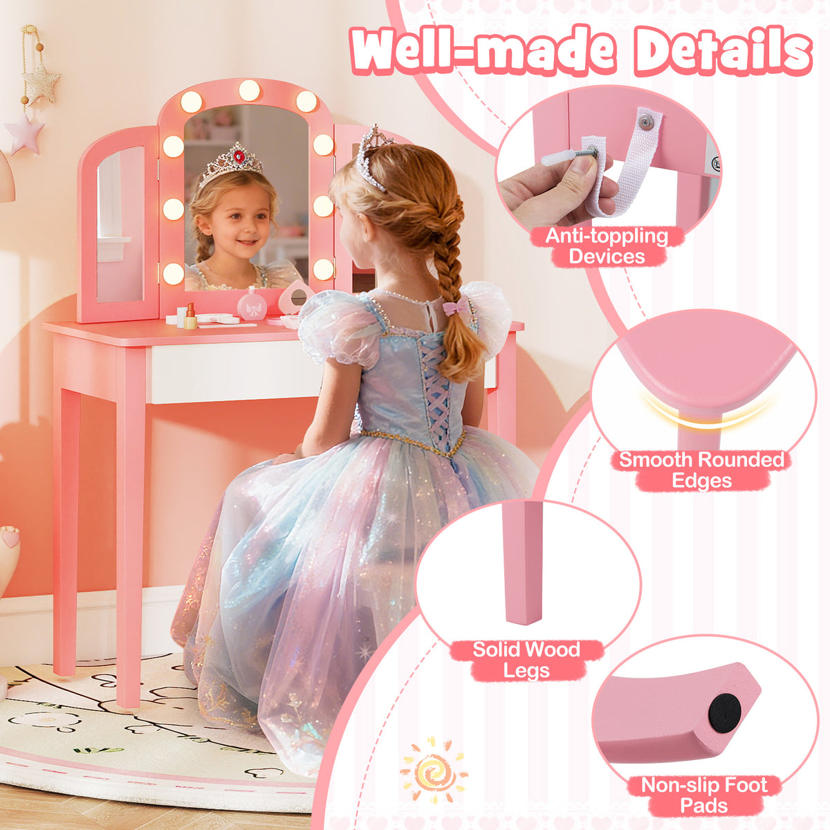 Pink 2-in-1 Kids Vanity Table Set with Detachable Tri-Fold Mirror & Lights