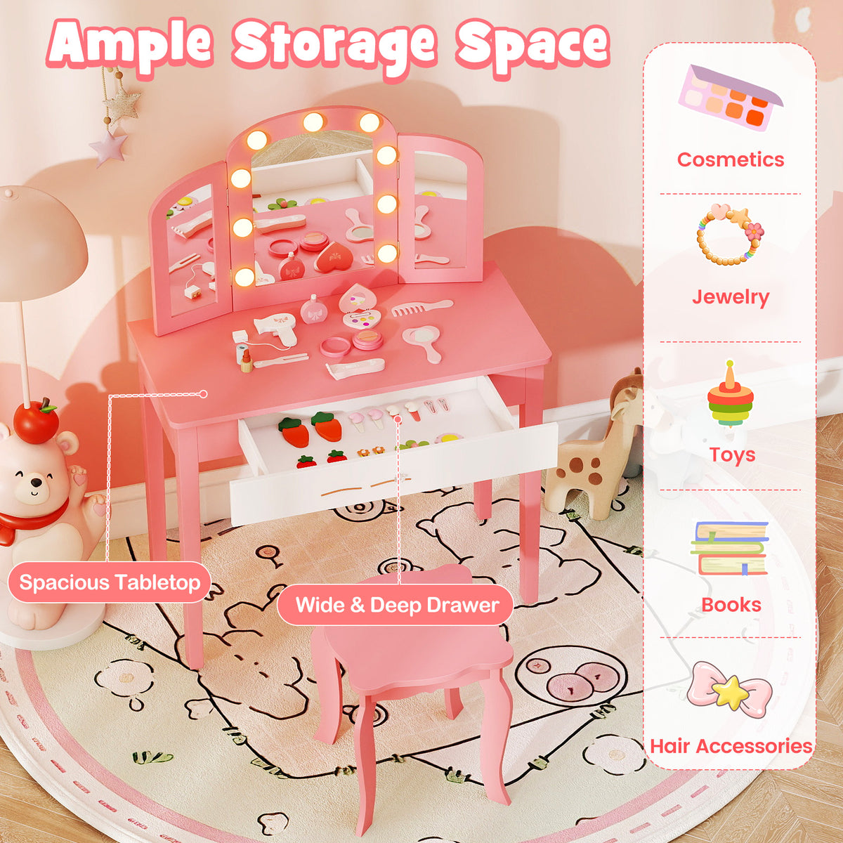 Pink 2-in-1 Kids Vanity Table Set with Detachable Tri-Fold Mirror & Lights