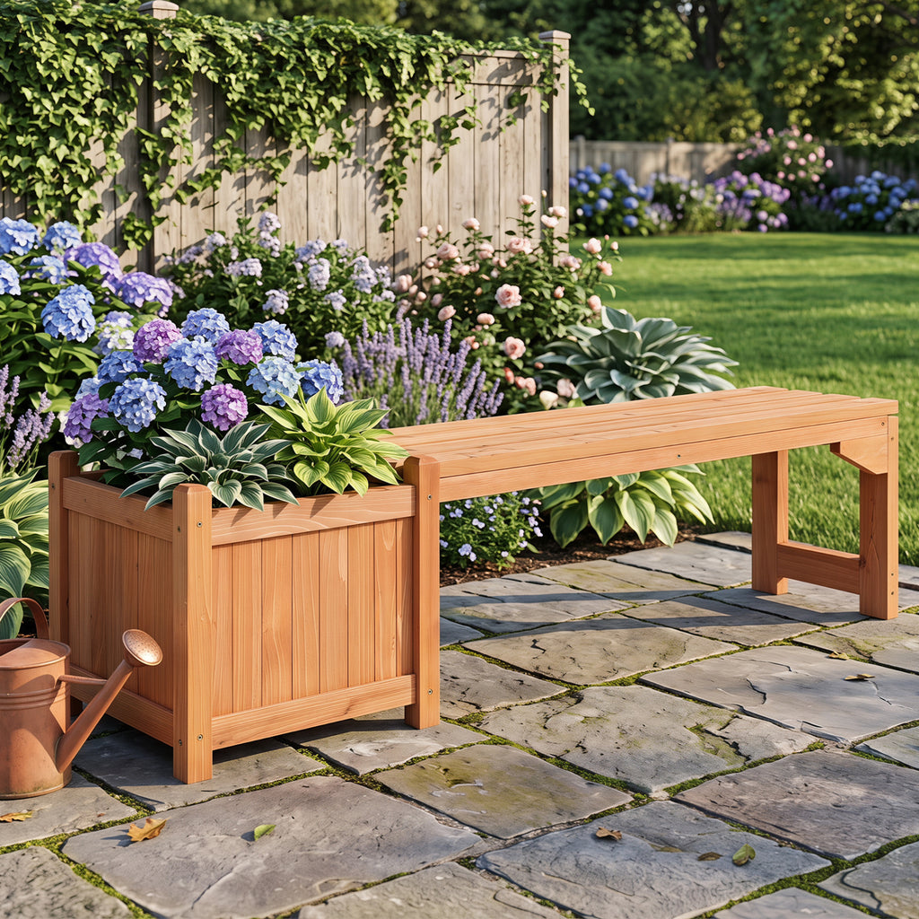 2-in-1 Outdoor Bench with Raised Garden Bed Spacious Seat and