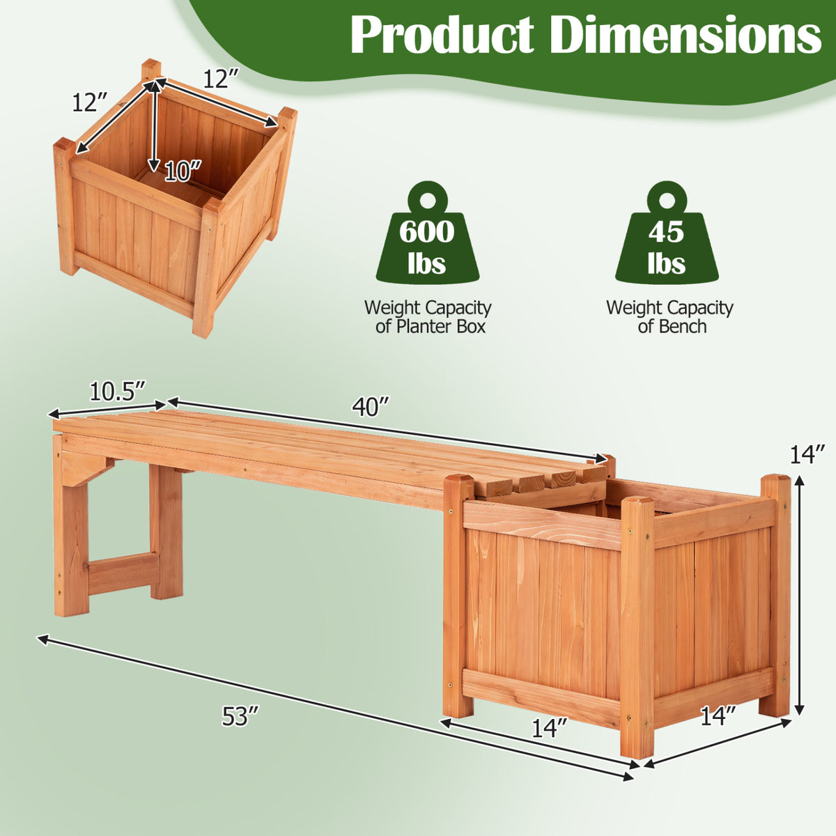 2-in-1 Outdoor Bench with Raised Garden Bed Spacious Seat and