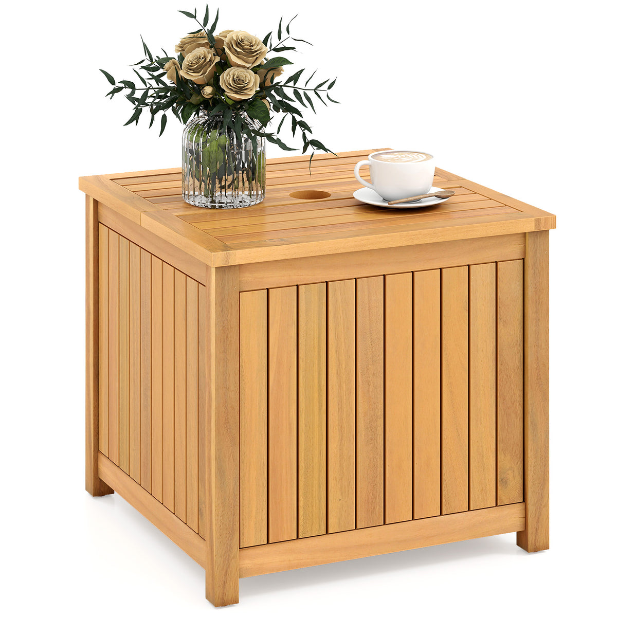 2-in-1 Outdoor Side Table with Storage Acacia Wood Slatted Coffee