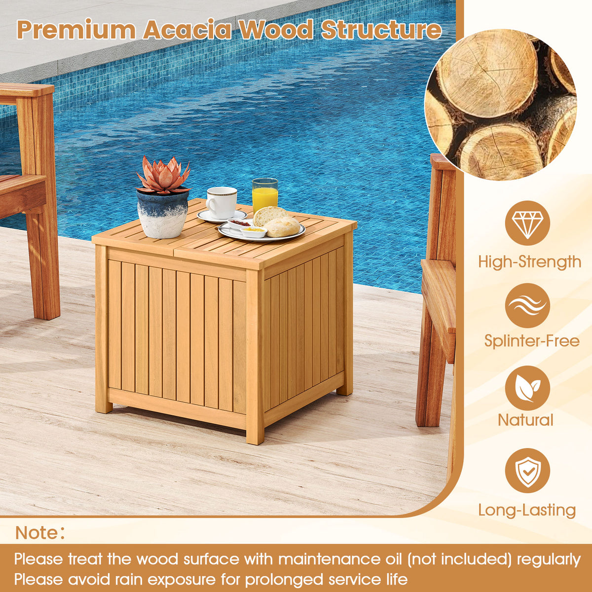 2-in-1 Outdoor Side Table with Storage Acacia Wood Slatted Coffee