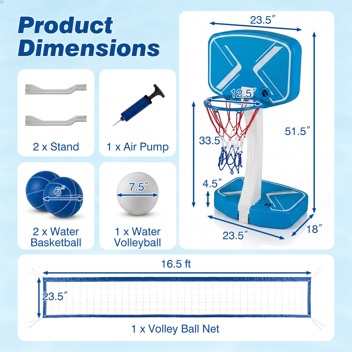 2-in-1 Pool Basketball Hoop & Volleyball Net Set with Weighted Base - 16.5 ft Volleyball Net
