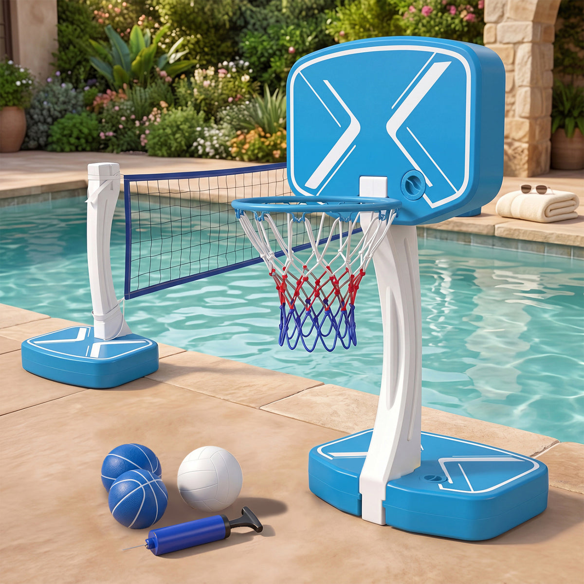 2-in-1 Pool Basketball Hoop & Volleyball Net Set with Weighted Base - 16.5 ft Volleyball Net