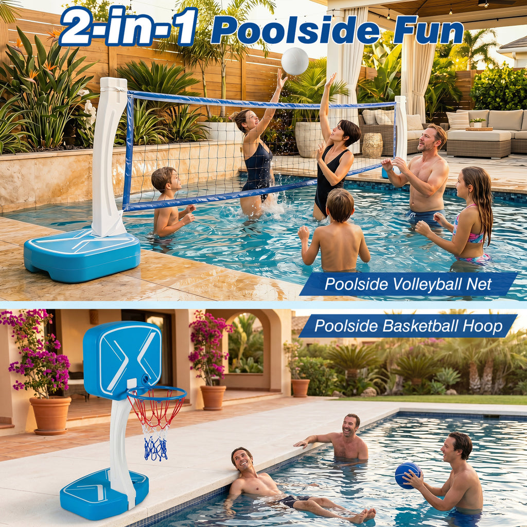 2-in-1 Pool Basketball Hoop & Volleyball Net Set with Weighted Base - 16.5 ft Volleyball Net