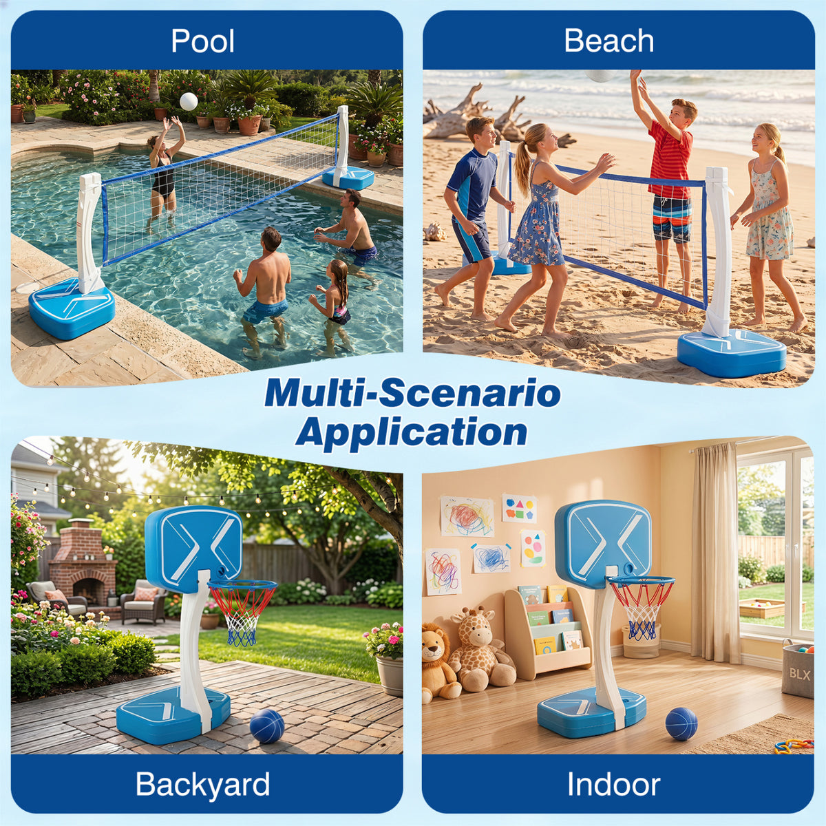 2-in-1 Pool Basketball Hoop & Volleyball Net Set with Weighted Base - 16.5 ft Volleyball Net