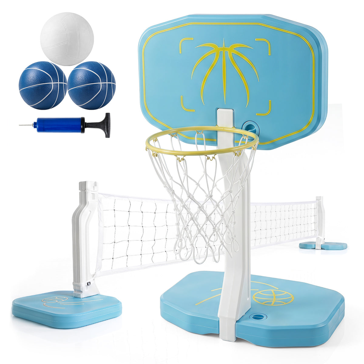 2-in-1 Pool Basketball Hoop and Volleyball Net with 25 ft Volleyball Set - Costway