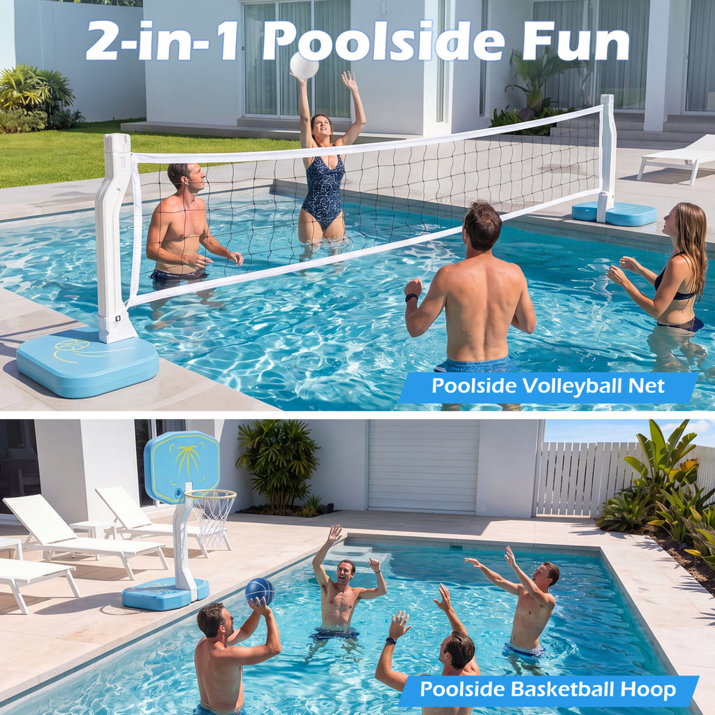 2-in-1 Pool Basketball Hoop and Volleyball Net with 25 ft Volleyball Set - Costway