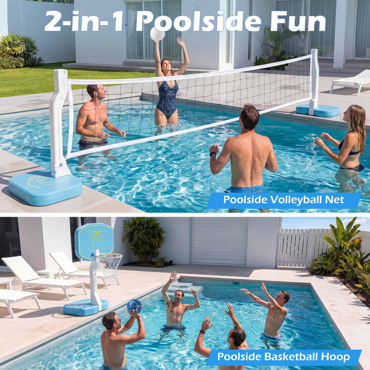 2-in-1 Pool Basketball Hoop and Volleyball Net with 25 ft Volleyball Set - Costway