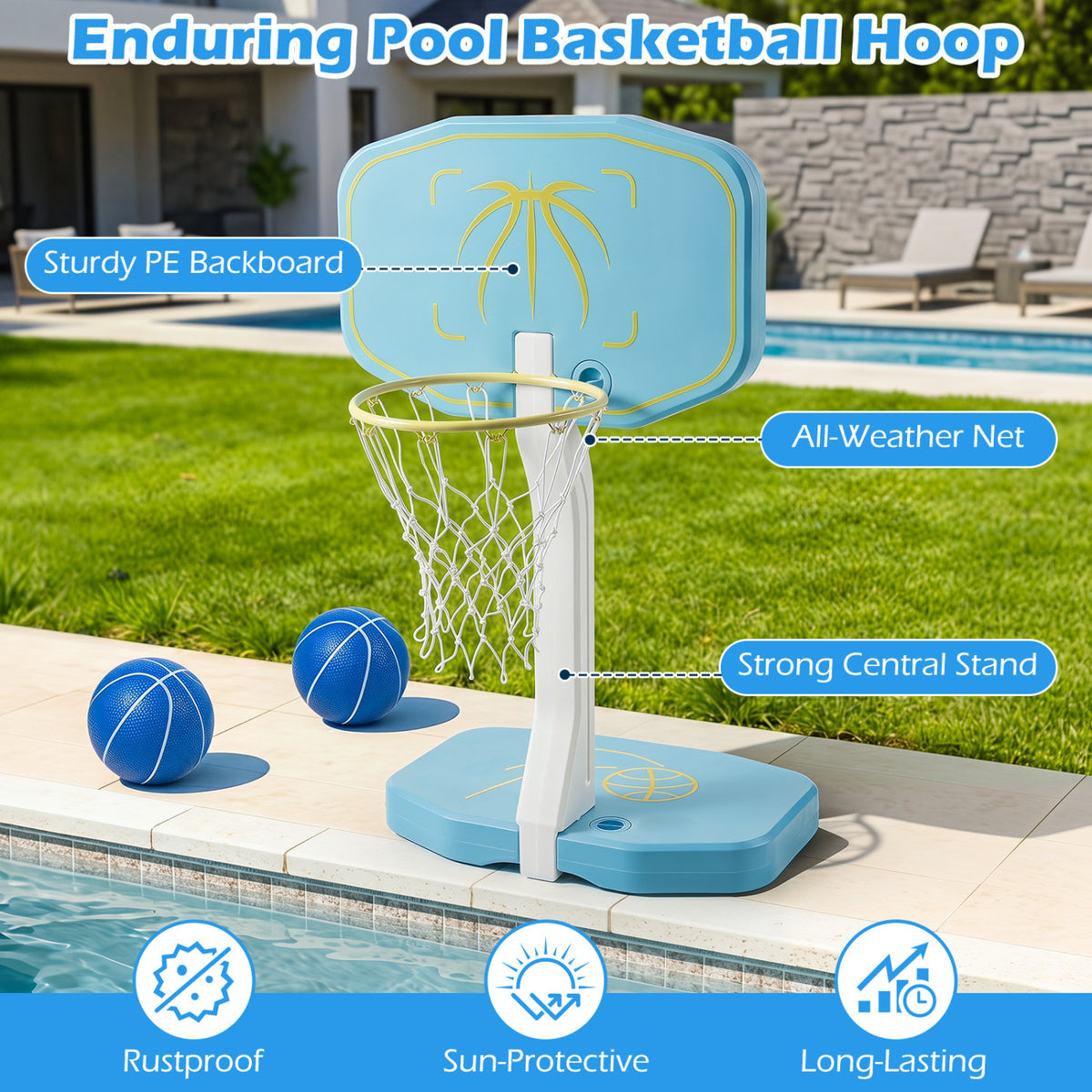 2-in-1 Pool Basketball Hoop and Volleyball Net with 25 ft Volleyball Set - Costway