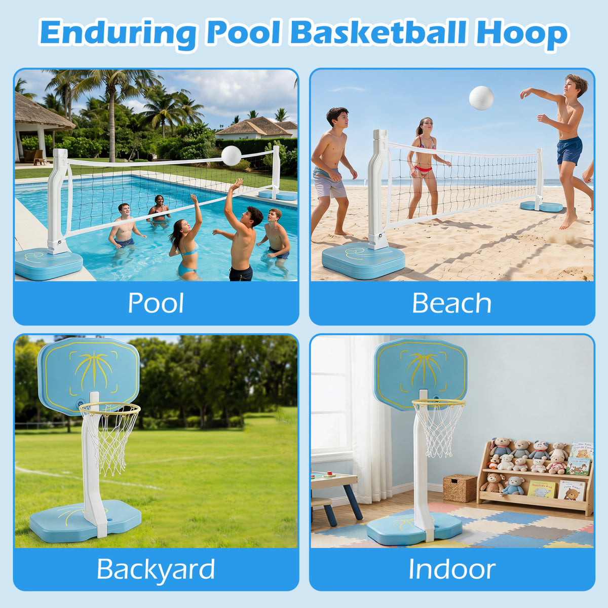 2-in-1 Pool Basketball Hoop and Volleyball Net with 25 ft Volleyball Set - Costway