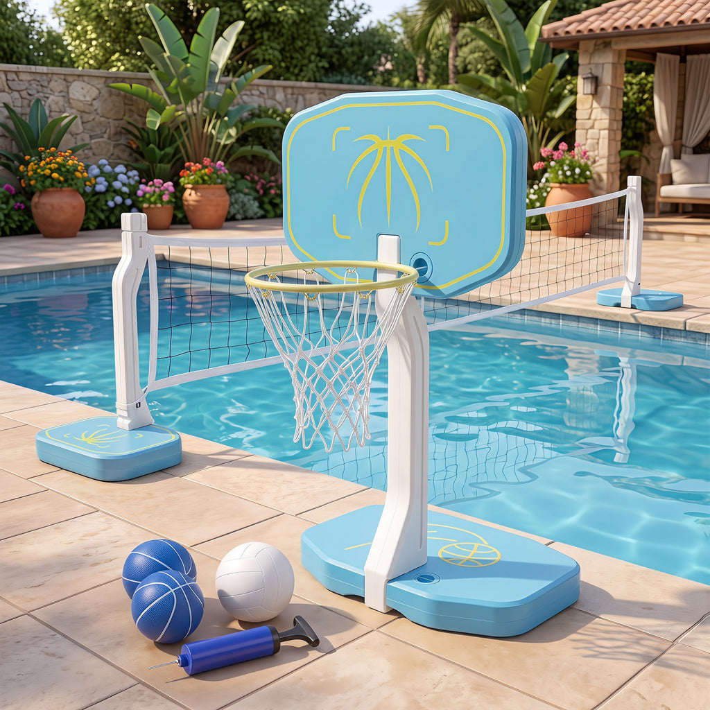 2-in-1 Pool Basketball Hoop and Volleyball Net with 25 ft Volleyball Set - Costway