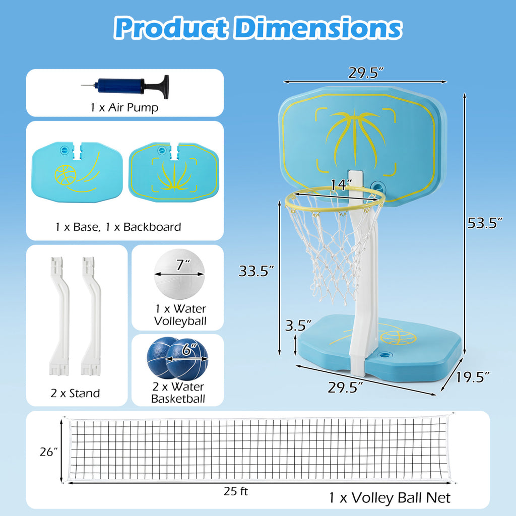 2-in-1 Pool Basketball Hoop and Volleyball Net with 25 ft Volleyball Set - Costway