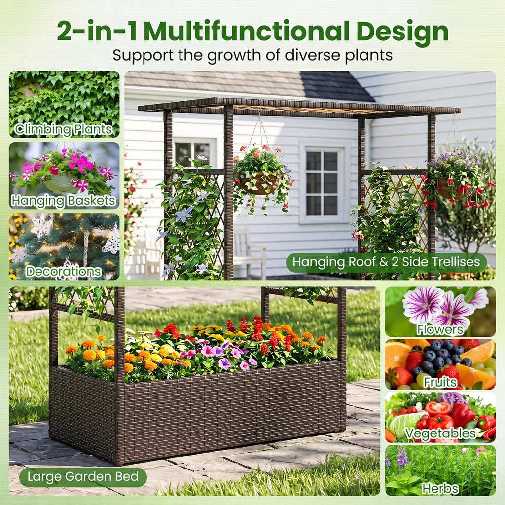 2-in-1 Raised Garden Bed with Hanging Roof and Trellises