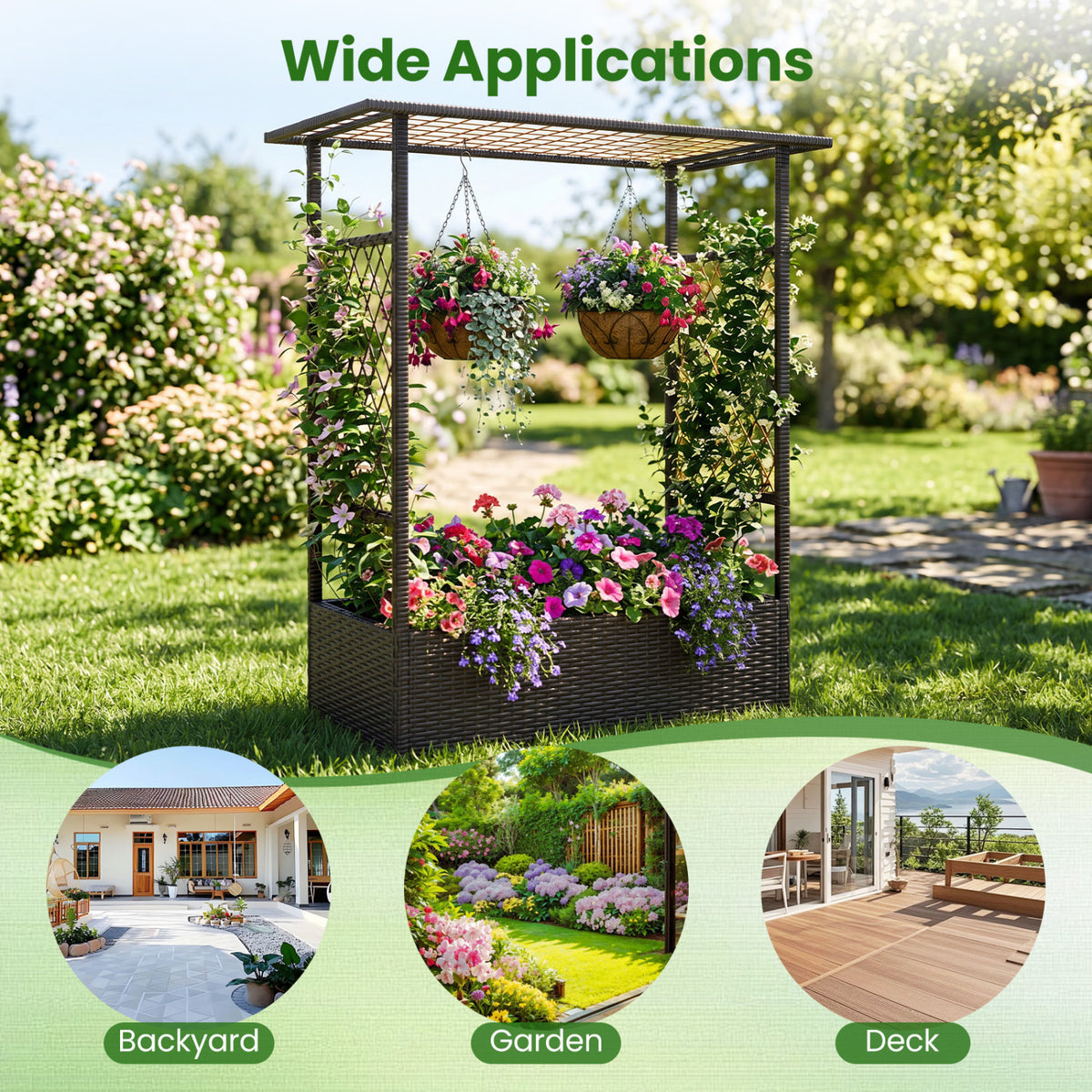 2-in-1 Raised Garden Bed with Hanging Roof and Trellises