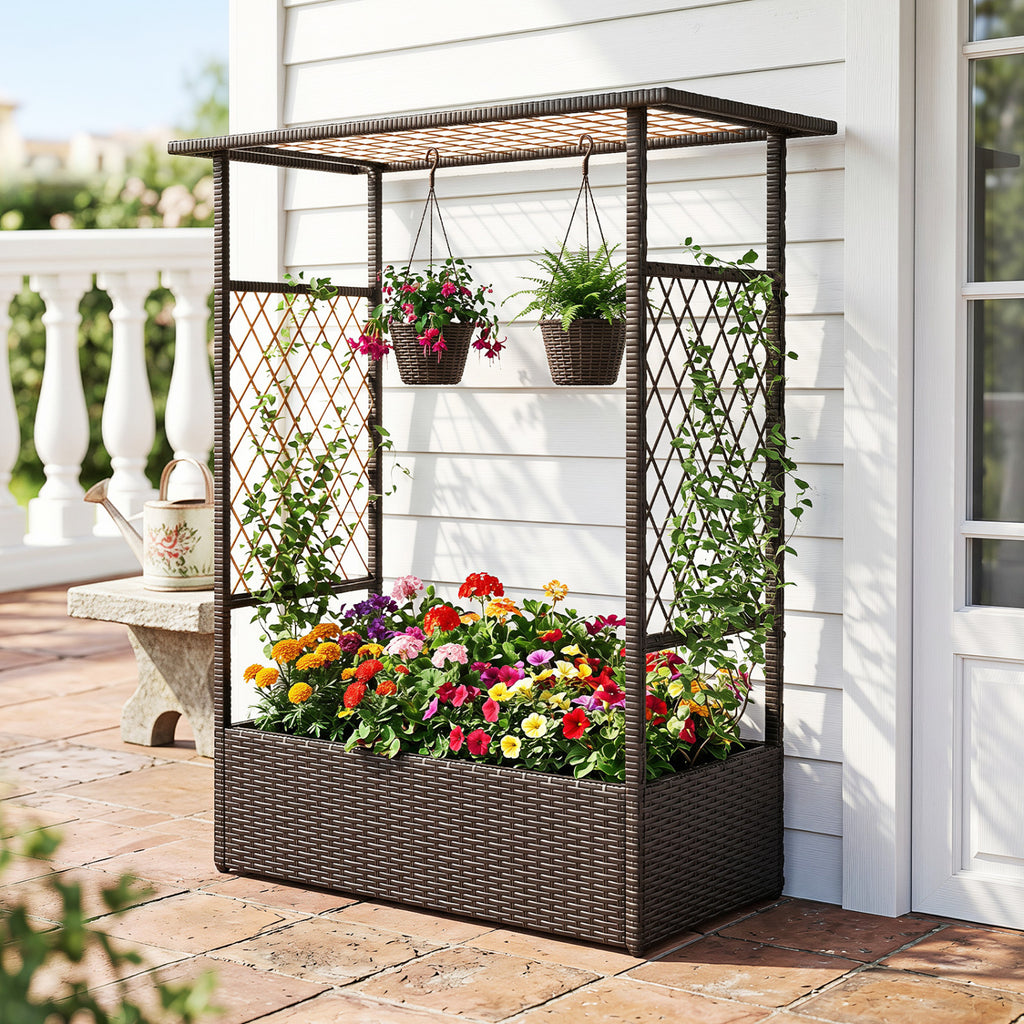 2-in-1 Raised Garden Bed with Hanging Roof and Trellises