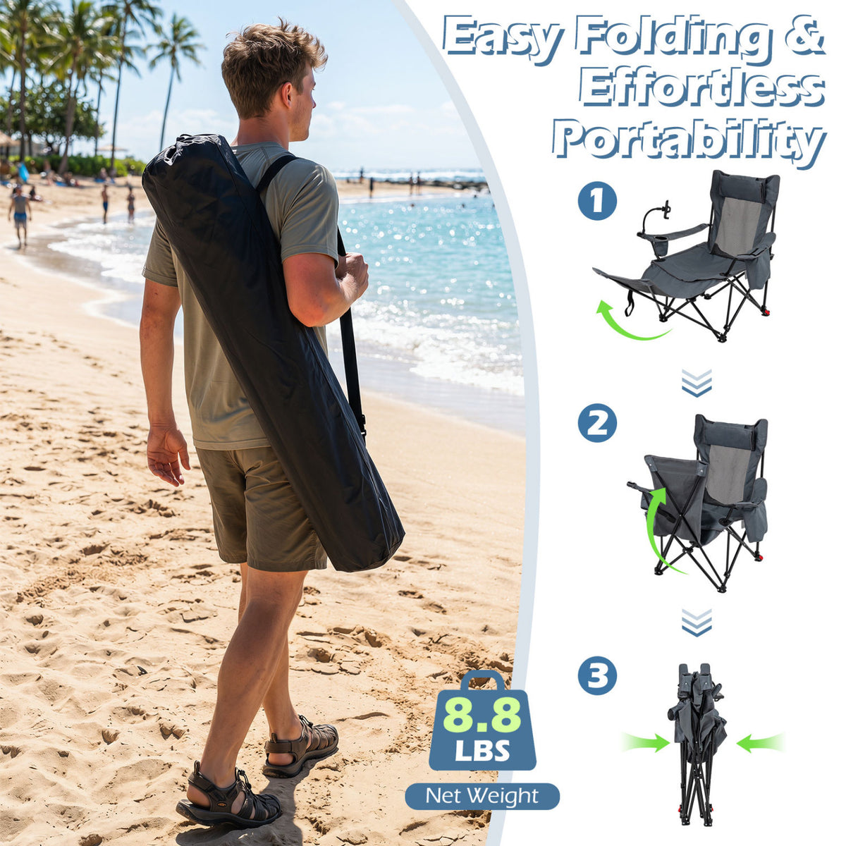2-in-1 Reclining Camping Chair with 3-Level Adjustable Backrest