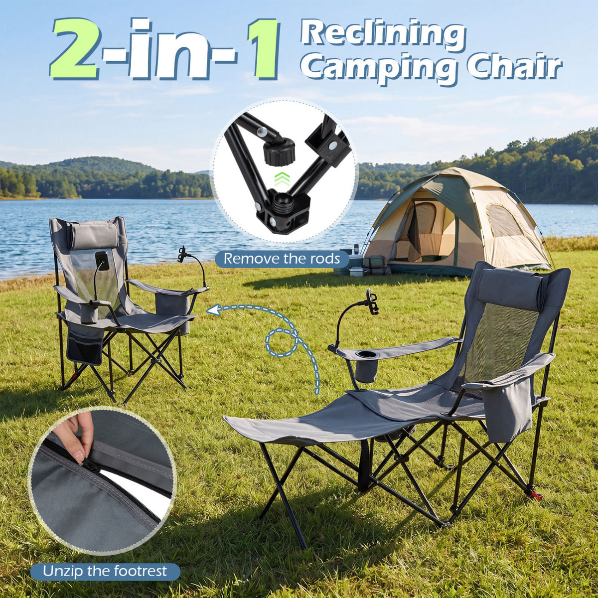 2-in-1 Reclining Camping Chair with 3-Level Adjustable Backrest