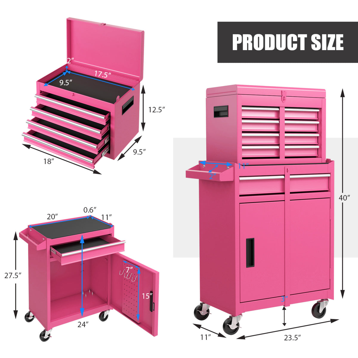 5-Drawer Rolling Tool Chest with Lockable Drawers, Pink