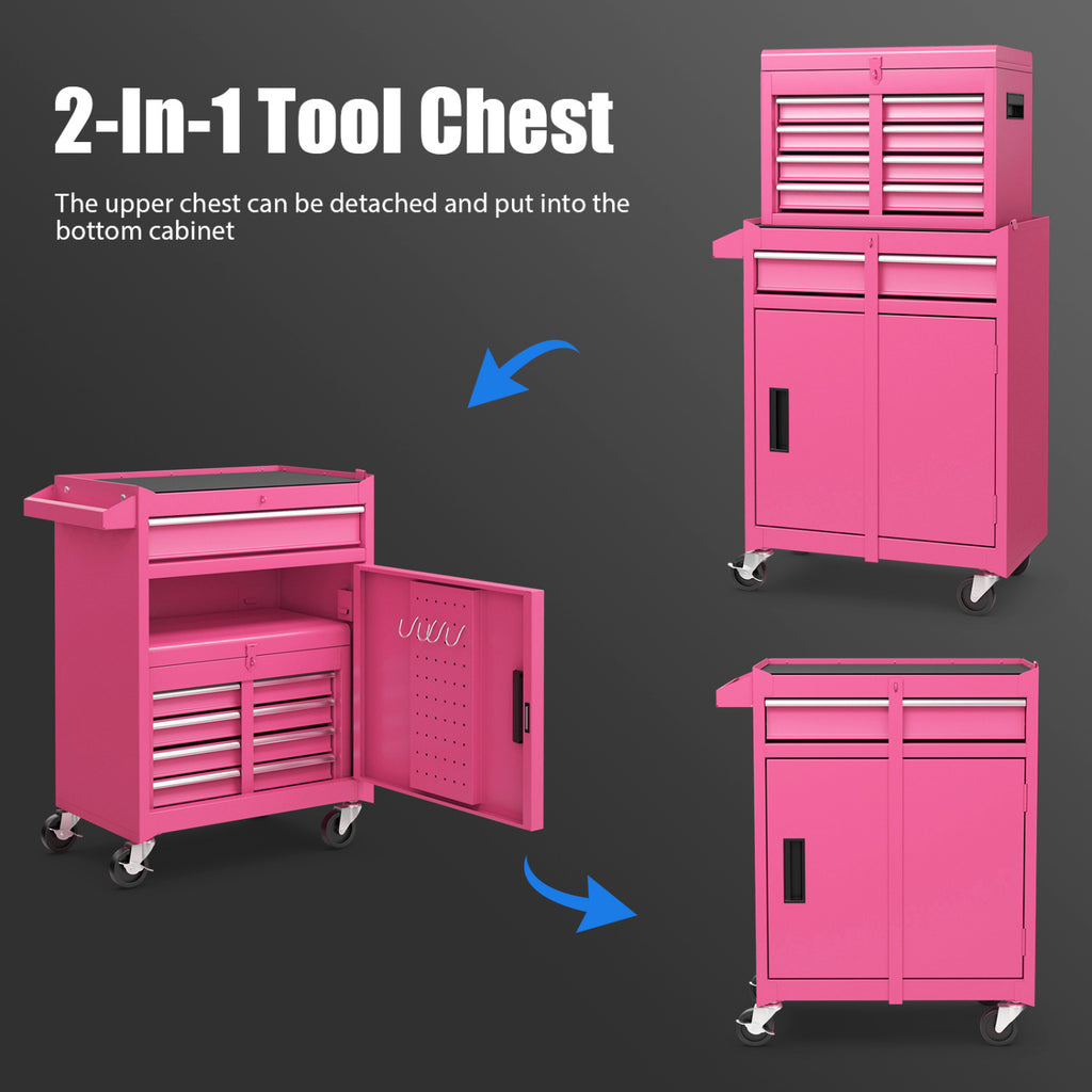 5-Drawer Rolling Tool Chest with Lockable Drawers, Pink