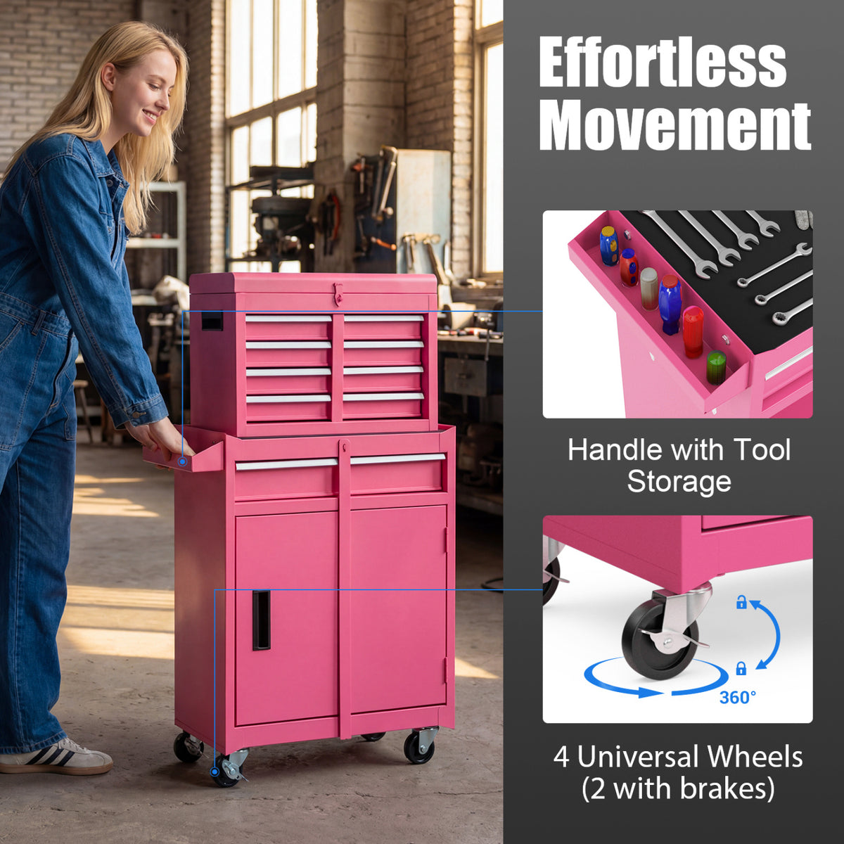 5-Drawer Rolling Tool Chest with Lockable Drawers, Pink