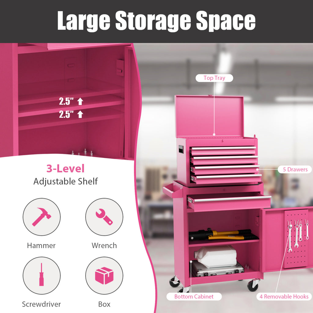 5-Drawer Rolling Tool Chest with Lockable Drawers, Pink
