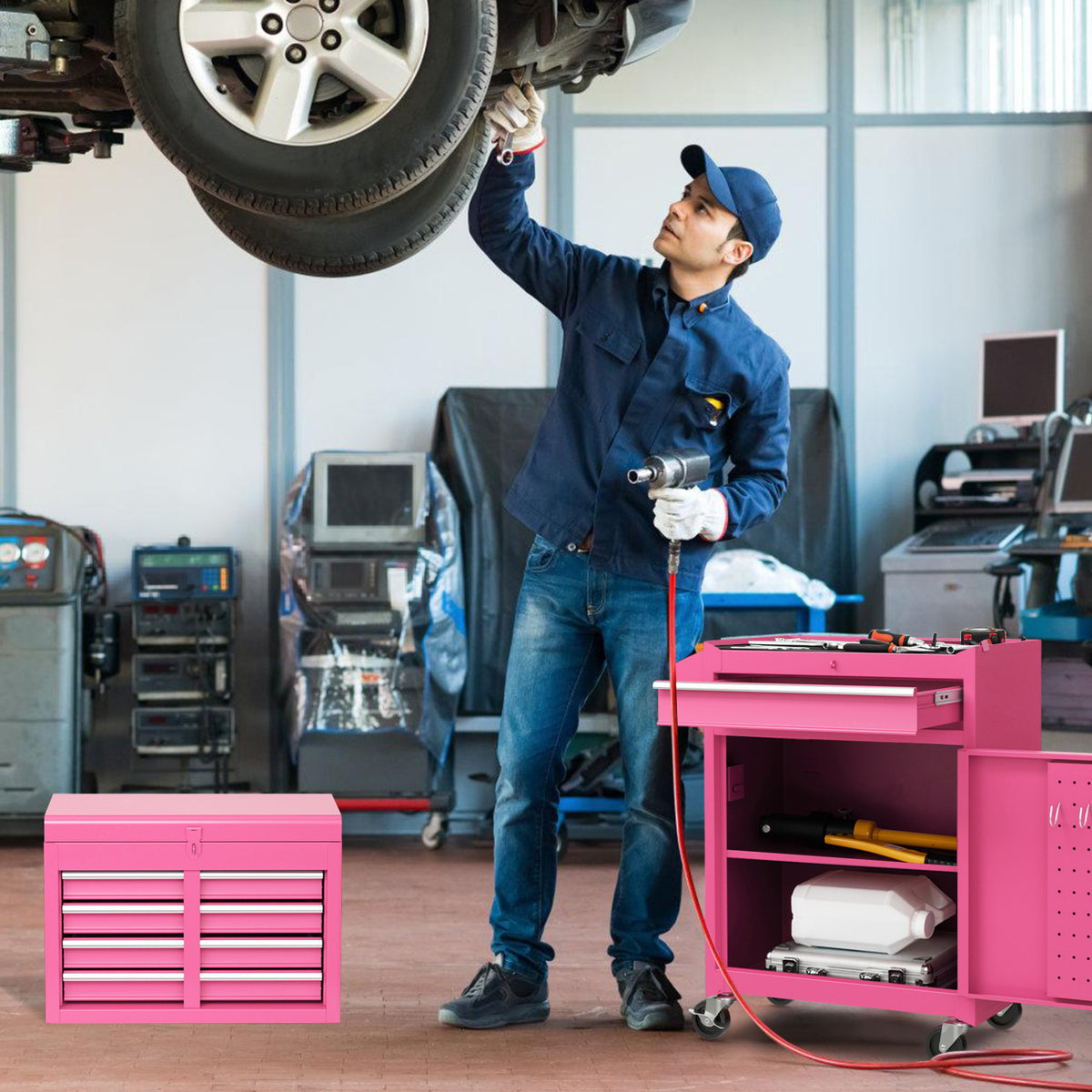 5-Drawer Rolling Tool Chest with Lockable Drawers, Pink