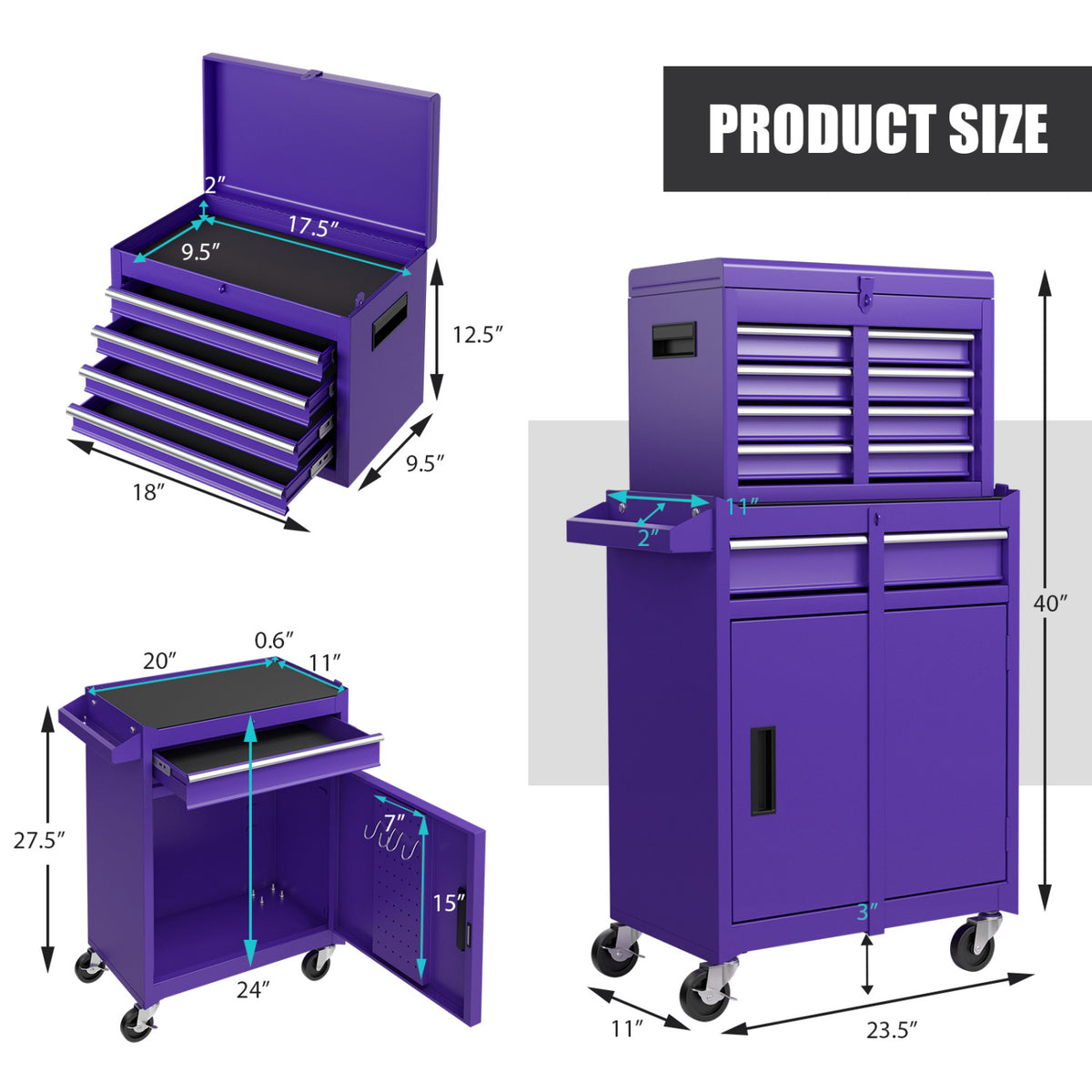 5-Drawer Rolling Tool Chest with Lockable Drawers, Purple