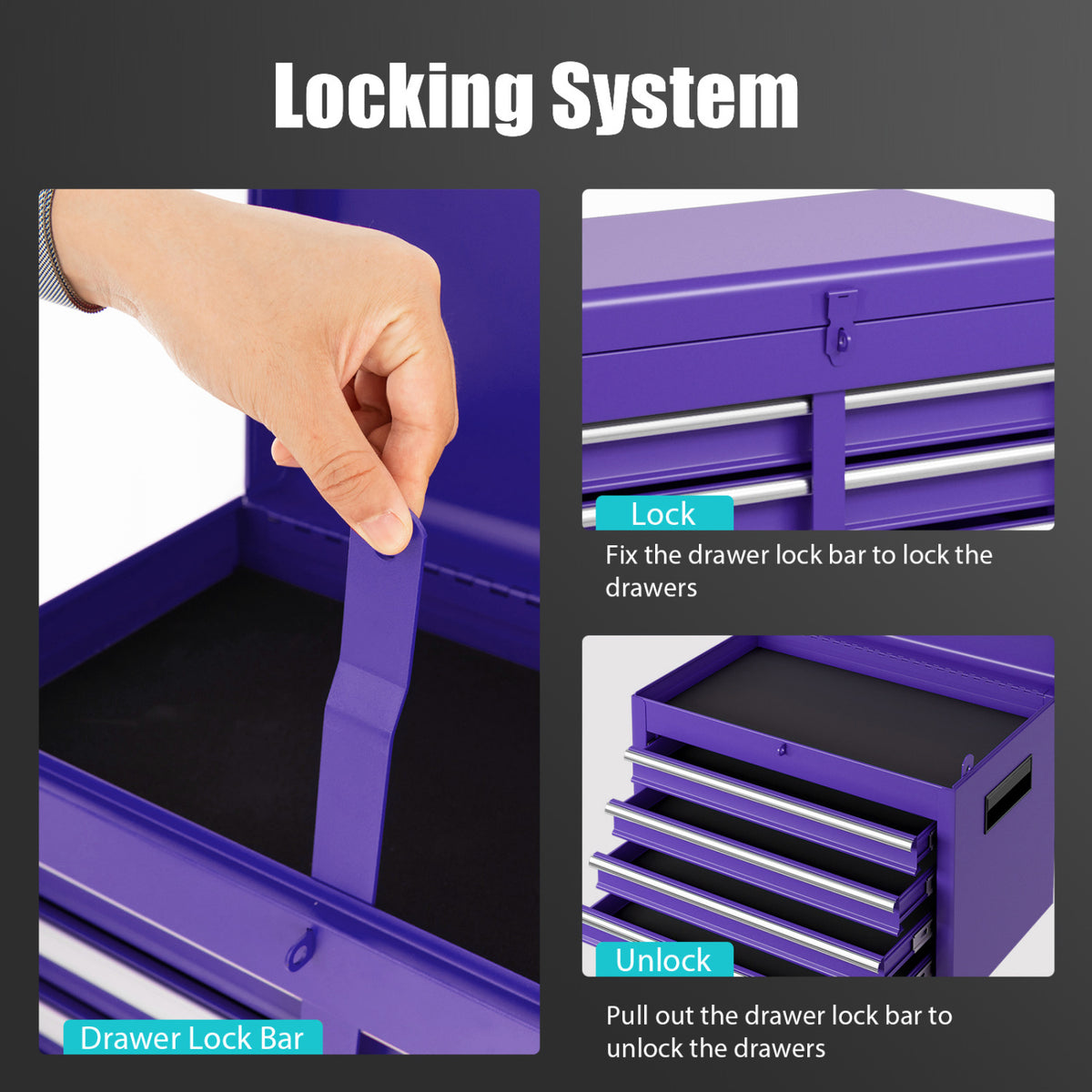 5-Drawer Rolling Tool Chest with Lockable Drawers, Purple