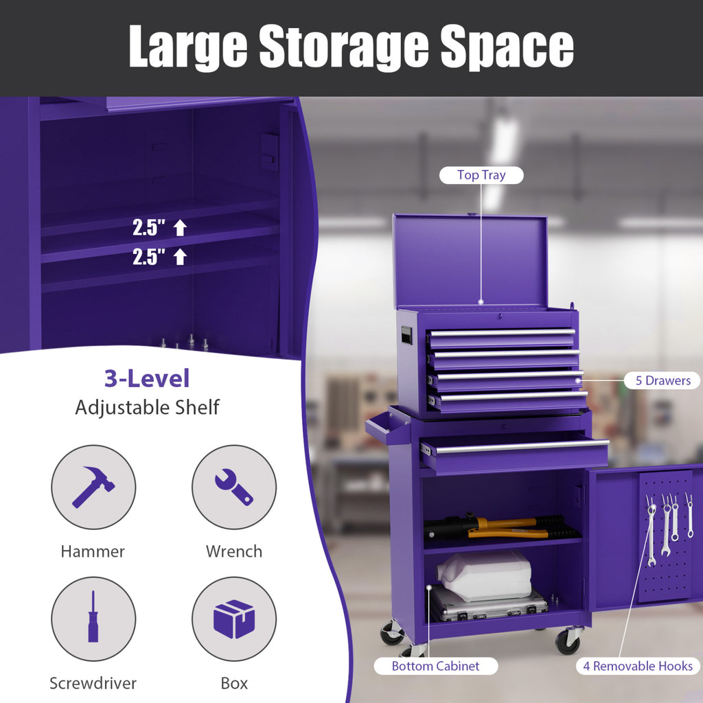5-Drawer Rolling Tool Chest with Lockable Drawers, Purple
