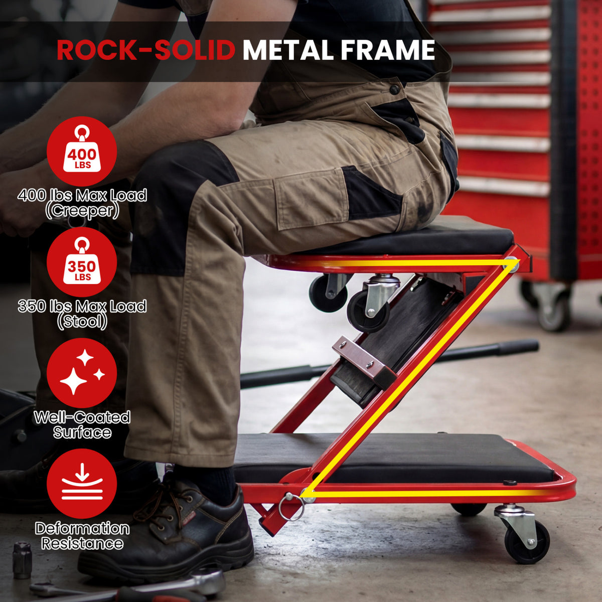 2-in-1 Garage Creeper Stool Z-Shaped Folding – Red