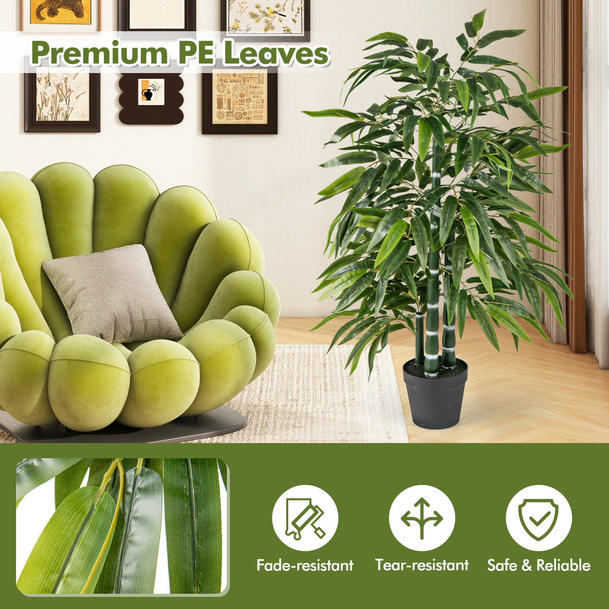 Artificial Bamboo Tree with 3 PE Trunks and Vibrant Leaves - Green, 2 Pack