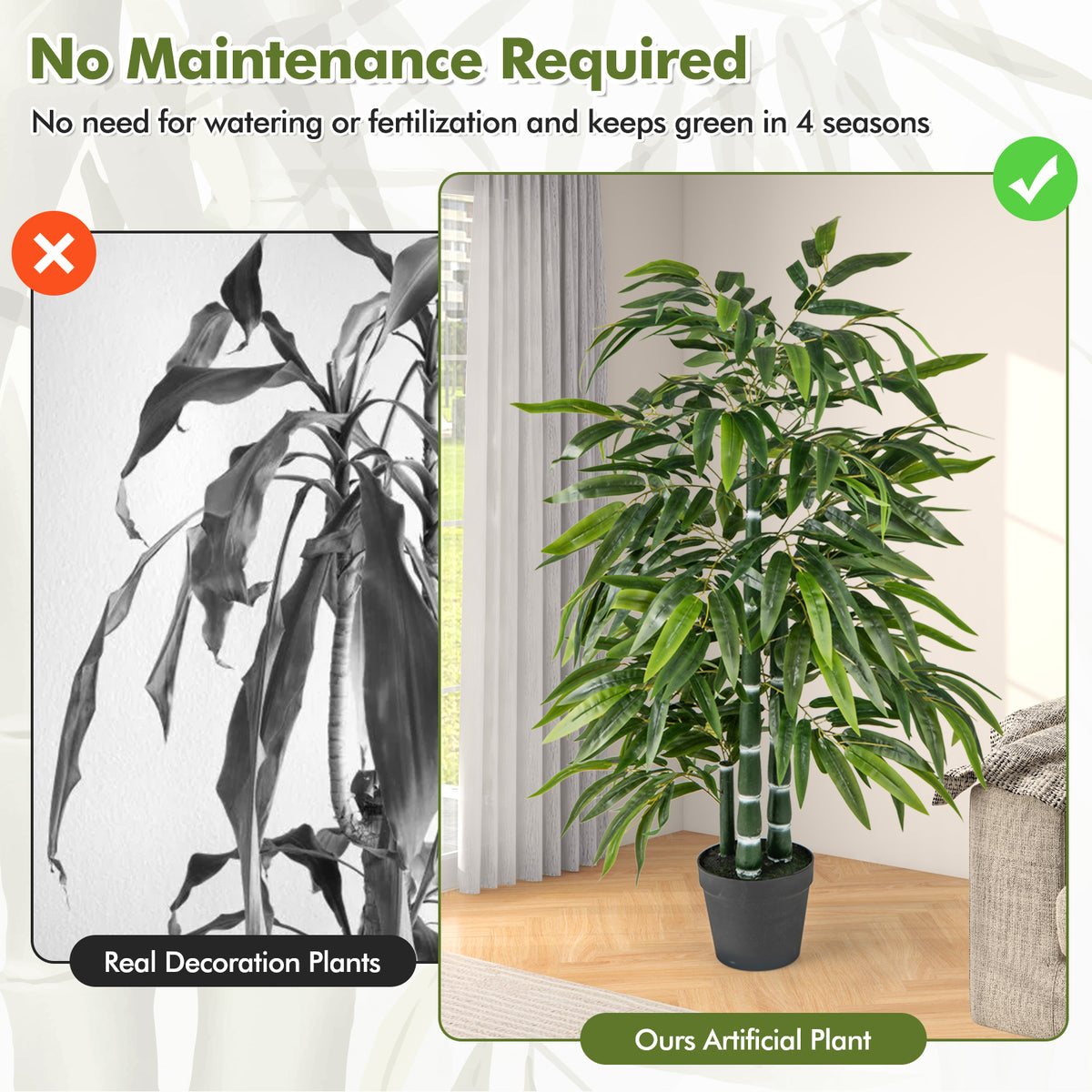 Artificial Bamboo Tree with 3 PE Trunks and Vibrant Leaves - Green, 2 Pack