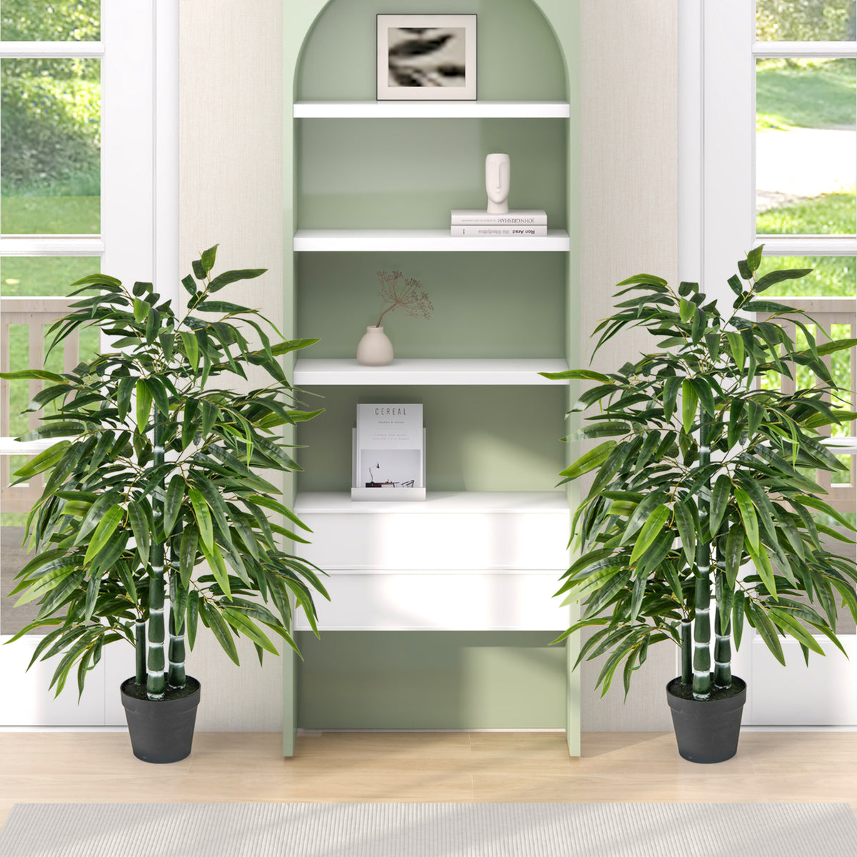 Artificial Bamboo Tree with 3 PE Trunks and Vibrant Leaves - Green, 2 Pack