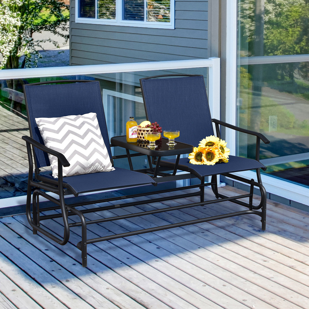 2-Person Double Rocking Loveseat with Mesh Fabric and Center Tempered
