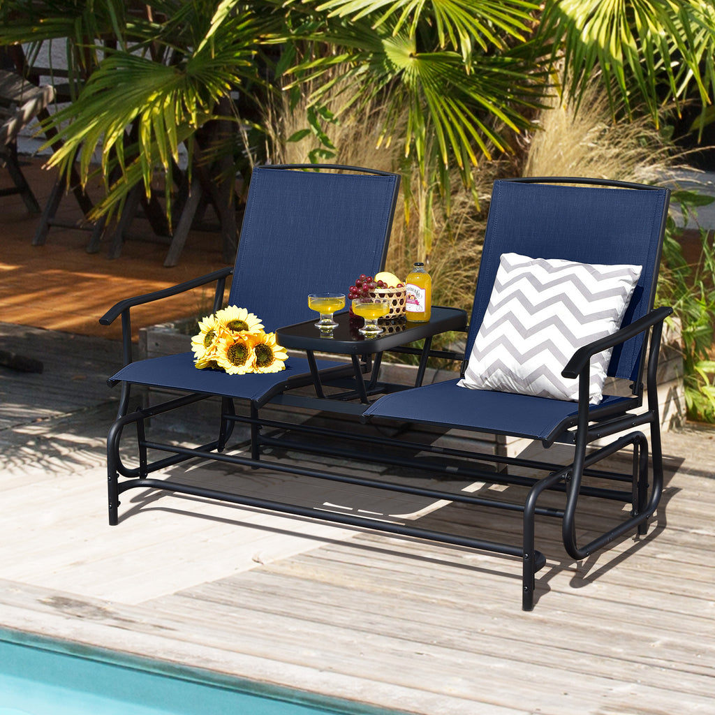 2-Person Double Rocking Loveseat with Mesh Fabric and Center Tempered