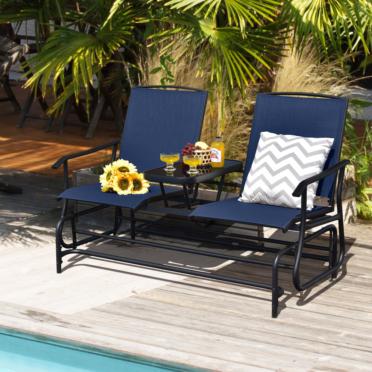2-Person Double Rocking Loveseat with Mesh Fabric and Center Tempered