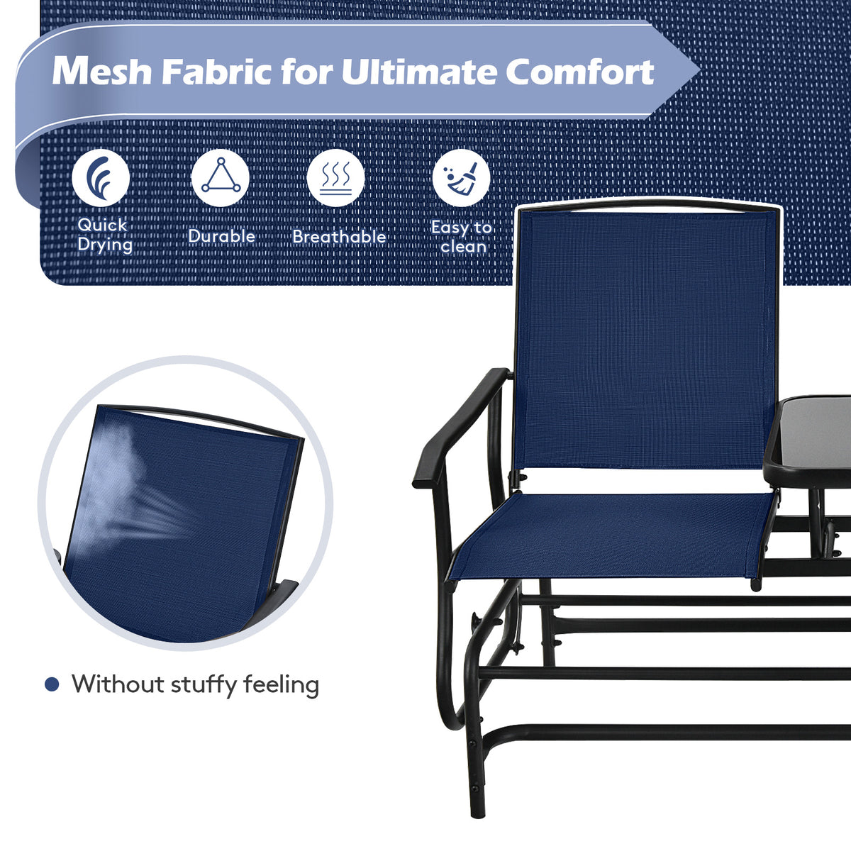 2-Person Double Rocking Loveseat with Mesh Fabric and Center Tempered
