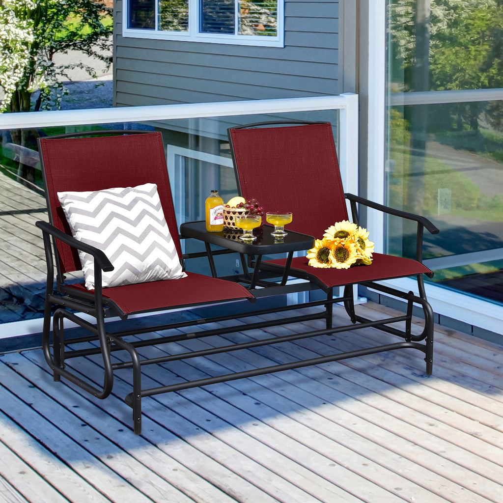 2-Person Double Rocking Loveseat with Center Glass Table - Style A, Red